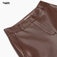 Jeans de Cuero para Mujer, Nueva Tendencia, Cintura Media, Pierna Recta, Color Marrón, Estilo Vintage, Casual, Bordado, Ecológico, Impermeable 2024