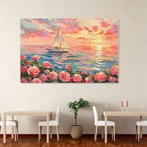 Impasto Sailboat Sunset - Impresión de arte de pared en lienzo con paisaje marino de rosas rosas, estilo pintura al óleo, para decoración del hogar, sala de estar y dormitorio - Product Image 4