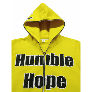 Sweat à capuche zippé 100% coton de haute qualité pour hommes jaune avec imprimé Hip Hop noir lavage à l'acide surdimensionné effet gonflé manteau à capuche d'hiver - Product Image 2