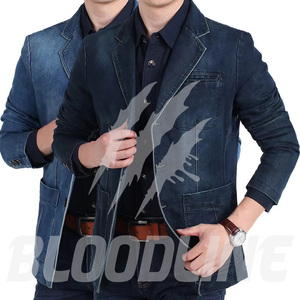 Blazer en jean pour homme BLOODLINE INTERNATIONAL, mélange coton/élasthanne, manches longues, col boutonné, lavé, couleur unie, hiver - Product Image 2