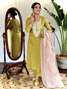 Premium 3 piezas indio pakistaní Salwar Set para adultos nuevo lanzamiento hermosa viscosa Slub calidad bordado Kurti Pant - Product Image 6