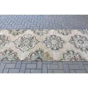 Vintage Runner Rug 3.3x9.2 ft, <b>Brown</b> Pink Check Rug <b>Wool</b> - Product Image 3