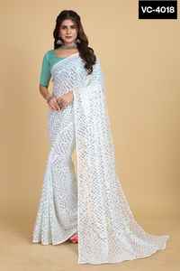 Saree en georgette indien avec belle séquence de fil et bordure de passepoil comprend un chemisier uni en soie mono - Product Image 2