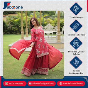 Premium Designer Ready Made Round Neck Embroidery Work Chinnon Printed Traditional <b>Kurti</b> Palazzo Dupatta Set for Festival - Product Image 6