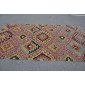 Vintage Turkish Kilim Area <b>Rug</b> 5.5 X 10ft Red Green Wool <b>Flat</b> Weave Elegantly Rustic Rectangle Patchwork Design Hallway Latex - Product Image 3