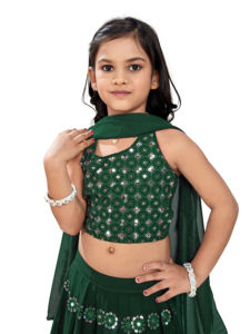 Shoryam Fashion Robe Lehenga Choli pour Filles et Enfants, longueur ras du sol, entièrement cousue, style traditionnel indien, avec broderie miroir verte, pour mariage et cérémonie - Product Image 6