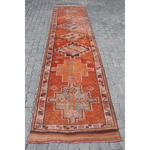 Turkish Vintage <b>Rug</b>, 3.2x12.5 ft Herki <b>Rug</b>, Orange <b>Runner</b> Animal Print <b>Rug</b> - Product Image 1