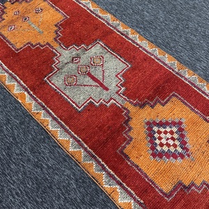 Turkish Rug, Small 3.1x10 ft Vintage Rug, <b>Red</b> Orange Geometric <b>Wool</b> Rug - Product Image 3