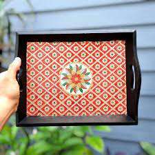 Plateau de service en bois imprimé, plateau artisanal décoratif pour le thé, les collations et la décoration, plateau en bois imprimé coloré au meilleur prix - Product Image 2