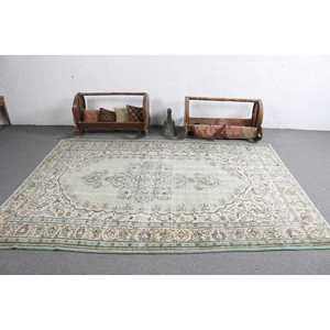 Alfombra Turca Grande de 6.5x8.7 pies, Alfombra de Lana Ikat Verde Vintage - Product Image 3