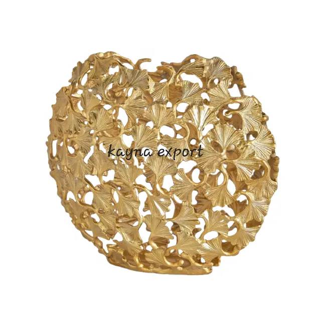 Jarrón de metal con forma ovalada de Gingko para decoración, jarrón de flores de lujo, chapado en oro, nueva colección