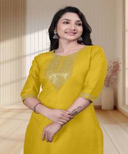 Kurta en coton brodé RICH LOOK TESLA, à porter au quotidien, séchage rapide, dernier design, multicolore, prix de gros, vêtement ethnique, jaune - Product Image 2