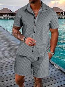 Survêtement 2 pièces en velours respirant pour homme Survêtements d'été décontractés Chemise à boutons à manches courtes Tenues courtes Ensembles de t-shirts pour homme - Product Image 4