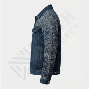 แจ็คเก็ตยีนส์ลำลองผู้ชายคุณภาพสูง ระบายอากาศได้ดี ขนาดและสีปรับแต่งได้ตามต้องการ พร้อมปกตั้ง โลโก้ด้านหน้า และดีไซน์แบบกลับด้านได้ - Product Image 3