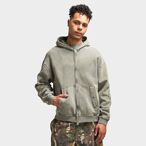 Men 450 GSM French <b>Terry</b> Zip Up Hoodie Vintage Acid Wash Distressed Black Washed Streetwear Custom Casual Blank Hoodie <b>Bulk</b> - Product Image 4