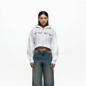 Trendy Womens Washed Cropped Zip Hoodie with <b>Zipper</b> Closure and Drawstring Hood Ideal for Streetwear Outfits - Product Image 1
