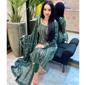 Wholesale Supplier's Elegant Women's <b>Top</b> Pant Set with Dupatta Heavy Georgette 5mm Sequins Embroidery Work for Wedding Party - Product Image 1