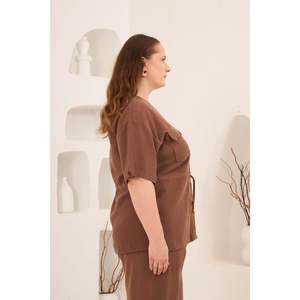 Waist Lace-Up Detail V-Neck Women's Plus Size Jacket Trousers <b>Set</b> Brown - Product Image 4
