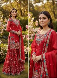 Women Heavy Embroidered Sharara Suit Set Faux Georgette <b>Top</b> Sharara Palazzo and Fancy Dupatta for <b>Festival</b> Wear - Product Image 3