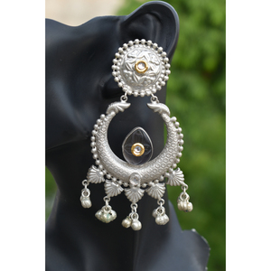 Boucles d'oreilles créoles jhumka en pierre traditionnelle, faites à la main, de grande taille, aspect argenté, imitation laiton, nouveau design, pour filles et femmes - Product Image 2