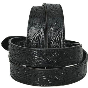Cinturón de Cuero Occidental Negro de Grano Completo con Grabado Floral Tallado a Mano de Diseñador Unisex para Jeans o Pantalones - Product Image 3