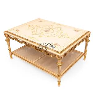Mesa de Centro Cuadrada de Lujo con Arte Floral Pintado a Mano, Estante Inferior de Ratán y Guirnaldas de Latón Dorado para Interiores Clásicos - Product Image 5