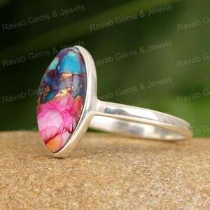 Bague cadeau d'anniversaire en argent sterling 925 pour femme faite à la main haute vente véritable rose épineux turquoise 8x16mm forme marquise solide - Product Image 5