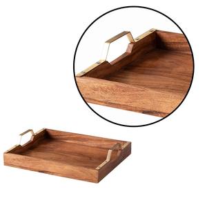 Plateau de service en bois de qualité supérieure avec poignées en métal Forme rectangulaire Plateau en bois de service de nourriture rustique Style indien - Product Image 2