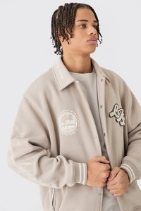 Veste universitaire unisexe en laine à fermeture à boutons broderie chenille col montant noir grande taille streetwear d'hiver essentiel tissé - Product Image 3