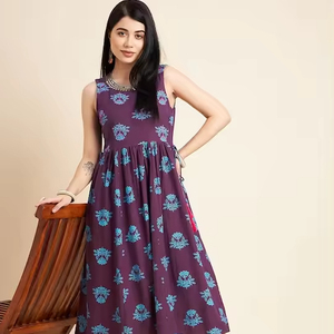 New Arrival Floral Printed Sleeveless Cotton Anarkali Kurta Knee-Length A-Line Elegant <b>Dresses</b> Summer Casual Clothes Women Sale - Product Image 1