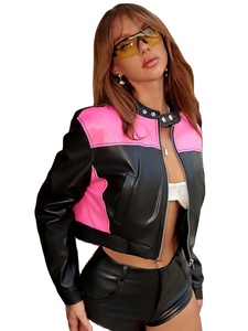 2024 femmes mode rue Biker core rose deux tons fermeture éclair en cuir PU Moto veste femme motard manteau vêtements d'extérieur courts - Product Image 3