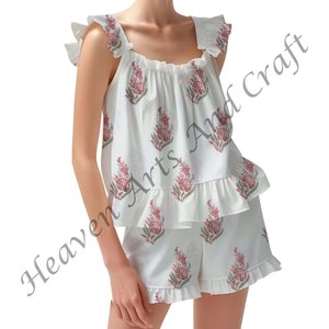 Conjunto de pijama de algodón con estampado de bloques a mano, pantalones cortos florales, manga con volantes, Primavera/Verano, conjunto de pijama con tiras y volantes - Product Image 2