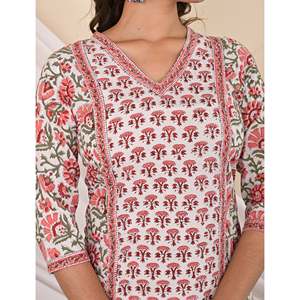 Cotton <b>Block</b> <b>Printed</b> White Jaal Kurti Traditional Indian Ethnic Long Stitched Rayon Clothing for Daily Wear Parties Floral - Product Image 2
