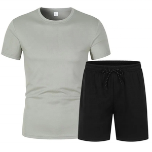 Conjunto de Camiseta y Pantalones Cortos Negros para Hombre, Cuello Redondo, Tejido Informal, Color Sólido, Ropa de Verano Transpirable de Algodón - Product Image 4