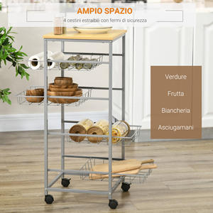 HOMCOM Space-Saving Kitchen <b>Trolley</b> with 4 <b>Pull</b>-Out Baskets in Wood and Steel, 36.5x36.5x89 cm, Silver and Wood Color - Product Image 5