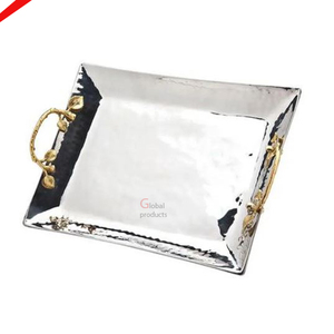 Plateau de service fini argent de bonne qualité avec poignée dorée à deux feuilles - Product Image 1