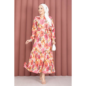 Vestido de Gasa Fucsia con Estampado Floral, Falda Fruncida y Cinturón, Silueta en A Casual, Cintura Natural - Product Image 6