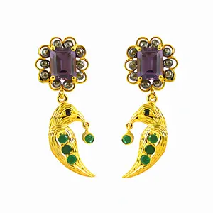 Araña y Pendientes de Plumas con Baño de Oro y Esmeraldas y Amatistas, Joyería de Diamantes de Lujo para Bodas y Fiestas - Product Image 2