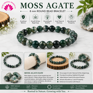 Bracelet en agate mousse naturelle, perles rondes de 8 mm, pour la croissance, l'équilibre émotionnel et la mise à terre, énergie positive - Product Image 3