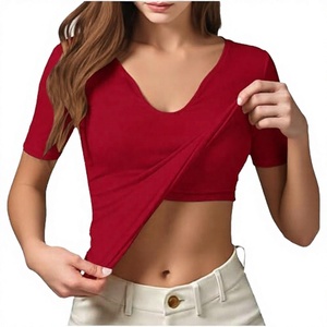 T-shirt court pour femme, col en V profond, manches courtes, couleur unie, en Spandex/Nylon, écologique, respirant, séchage rapide, anti-transpiration, coupe classique - Product Image 1
