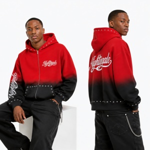 Sweat à capuche oversize pour homme, coupe carrée, avec logo personnalisé, strass, style streetwear, effet délavé soleil, teint et brossé, fermeture éclair ornée de strass - Product Image 6