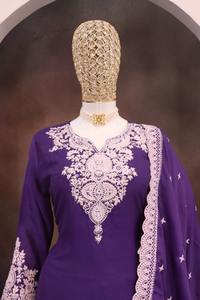 Chinon seda corte recto Kurta Palazzo conjunto con bordado trabajo indio y pakistaní Salwar Kameez ropa para fiesta - Product Image 5