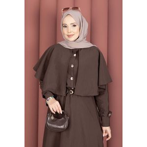 Ensemble deux pièces : Blazer marron avec cape et épaulettes, en toile, orné de boutons - Product Image 2