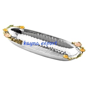 Kayna Export Stainless Steel 304 Mirror Polished Oval Movable <b>Tray</b> <b>Gold</b> Brass Flower Design Handle Fancy Decorative <b>Serving</b> <b>Tray</b> - Product Image 3