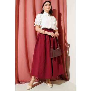 Claret Red <b>Flared</b> Women's <b>Skirt</b> with Elastic Waist & Pockets - Product Image 3