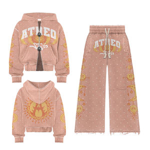 Streetwear personnalisé sweat à capuche zippé pour hommes en détresse lavage à l'acide lourd strass pantalon de survêtement et ensemble de sweat à capuche - Product Image 1