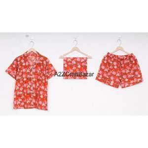 Conjunto de Pijama Corto para Mujer con Estampado Floral Clásico, 100% Algodón Puro, Transpirable, Suave, con Cierre de Cordón - Product Image 1