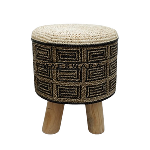 <b>STOOL</b> MOZAIK 2 Luxury Handmade Seagrass and Sisal Woven Round Storage <b>Stool</b> with Solid Wood Legs Boho Ottoman Furniture - Product Image 1