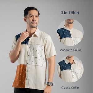 เสื้อเชิ้ตแขนสั้นพร้อมคอปกแบบแมนดารินและคลาสสิกที่สามารถเปลี่ยนได้พร้อมผ้าบาติกสีทันสมัยเน้นเนื้อผ้าผสม - Product Image 2