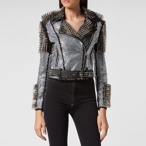 แจ็กเก็ตหนังสไตล์พังก์ประดับหมุดสำหรับผู้หญิงเสื้อแฟชั่นสไตล์ร็อคนักขี่จักรยานทรงสลิมฟิตมีซิปปิดโลหะหนักแขนยาวมีสไตล์ - Product Image 3